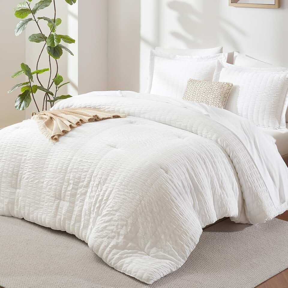 CozyLux Full Size Comforter Sets, 7 Pieces White Seersucker Bed in a Bag