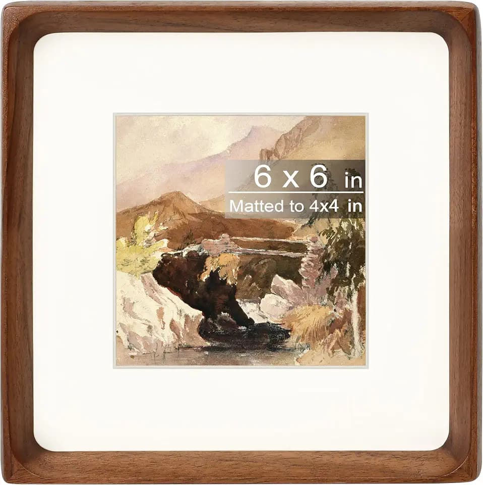 Square 6x6 Picture Frame with Mat for 4x4, Natural Walnut Wood Handcrafted Rounded Corner with Real Glass, Vertical or Horizontal Display Photo Gallery Wall & Tabletop Frame