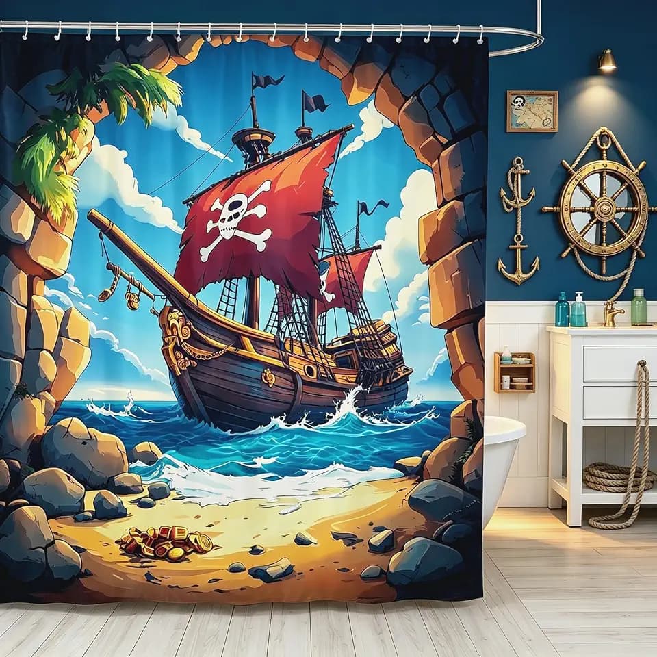 Castle Fairy Pirate Boat Waterproof Shower Curtains Nautical Adventure Theme Fabric Bathroom Shower Curtain Gothic Sugar Skull Dorm Bathtubs Decor Navigation Sailing Boat Curtain 72 x 72 Inch