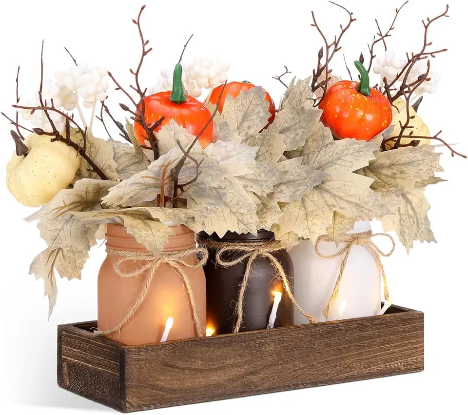 3 Pcs Lighted Farmhouse Fall Mason Jar Centerpiece for Table with Wood Tray