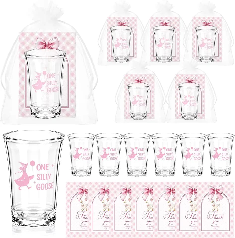 Vesici 30 Sets Silly Goose Party Favors for Guests Include Baby Shower Shot Glass and Card Organza Bag for Birthday Baby Shower Goose Party Supplies (Pink)