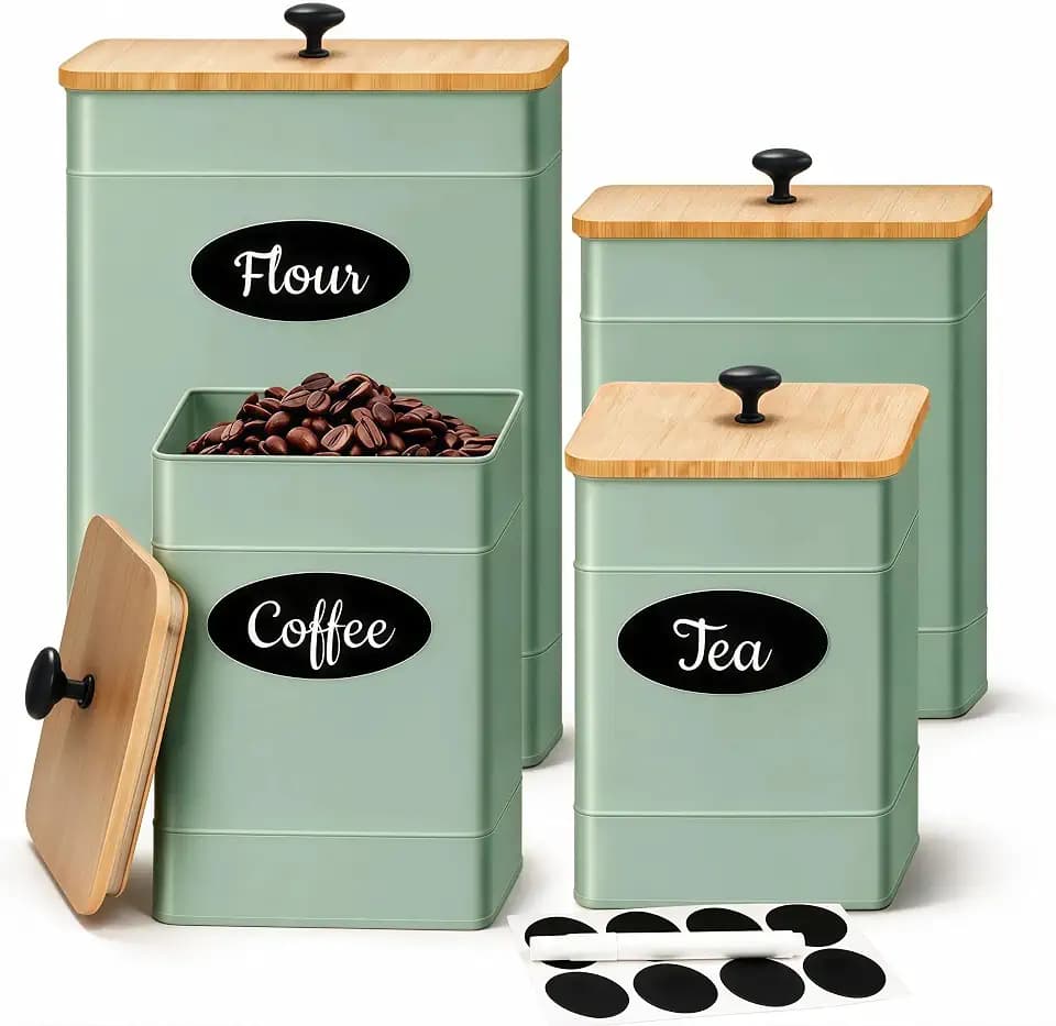 Canister Set for Kitchen Countertop, 4 Airtight Metal Canisters Sage Green