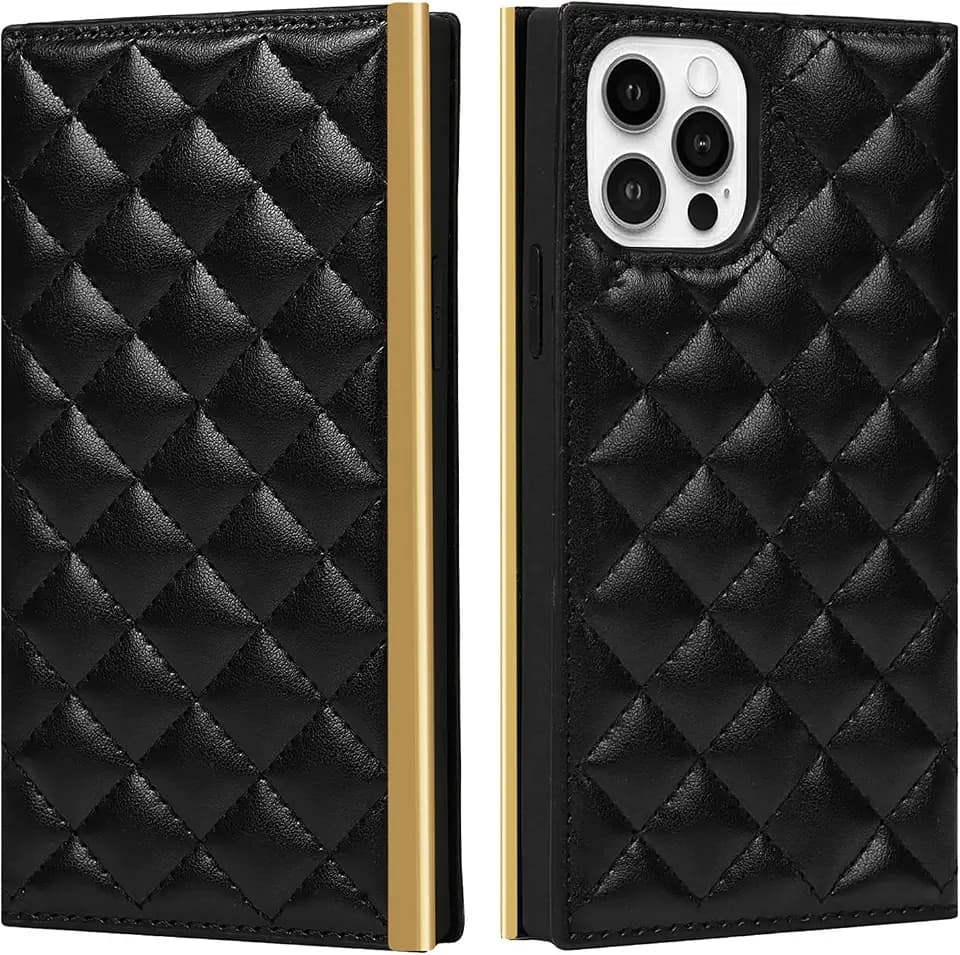 Schutzhülle für iPhone 12/12 Pro, mit rautenförmiger Kette, schräg, offen, Leder, Schultertasche, Schwarz