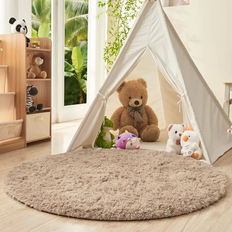 OPPODREAM 5ft Beige Circle Rug for Bedroom, Ultra-Soft Round Rugs 5-ft for Living Room, Fluffy Carpet for Nursery, Kids, Girl, Boy, Baby, Plush, Fuzzy, Shag, Shaggy, Cute Home Decor