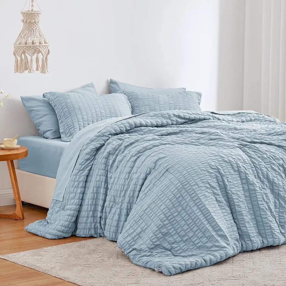Love's cabin Seersucker Light Blue Full Comforter Set