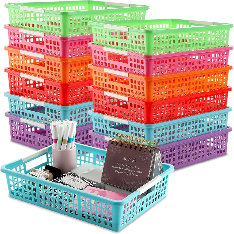 12 PCS Plastic Classroom Turn in Paper Trays Storage Bin Basket Organizers Holds 4A Paper File for School Teacher Supplies Classroom Office Home Organization and Storage Tray (Colorful)