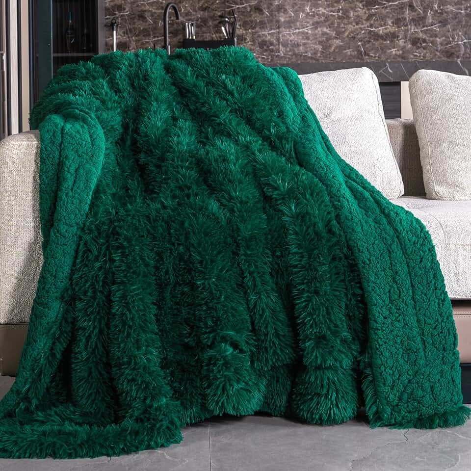 Pawque Faux Fur Sherpa Fleece Throw Blankets Twin Size 60x80 Inches, Green