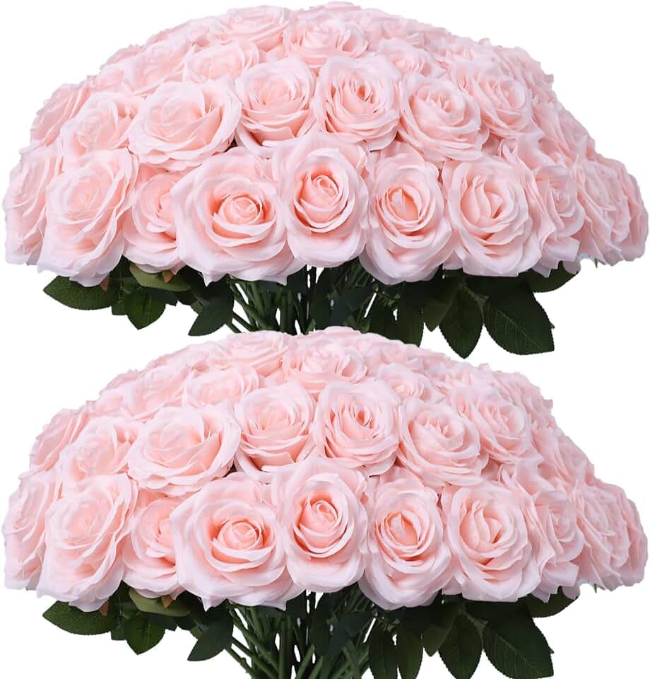 LVEFIT Artificial Rose Flower Blush Flowers Pink Roses Silk Flowers 50 pcs with Long Stem Silk Roses Bouquet for Wedding Bridal Shower Party Home Decoration