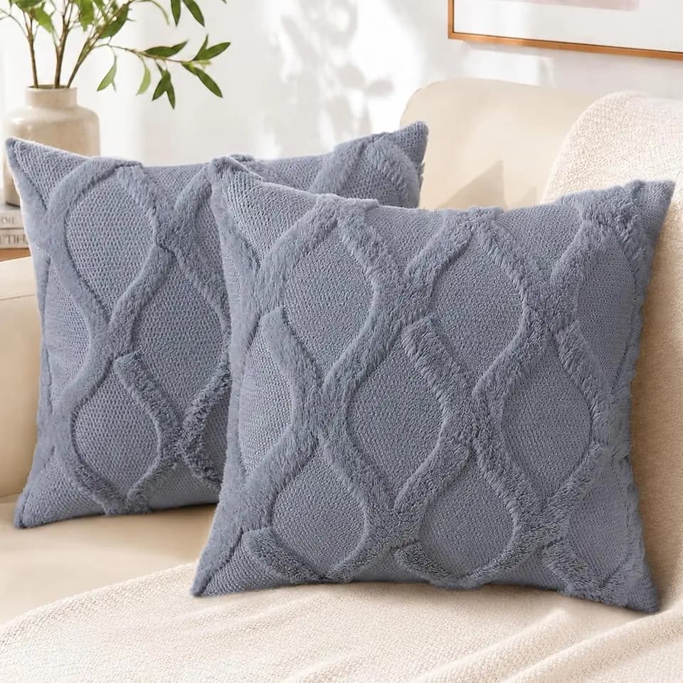 decorUhome Fall Faux Fur Blue Grey Throw Pillow Covers 26x26 Set of 2