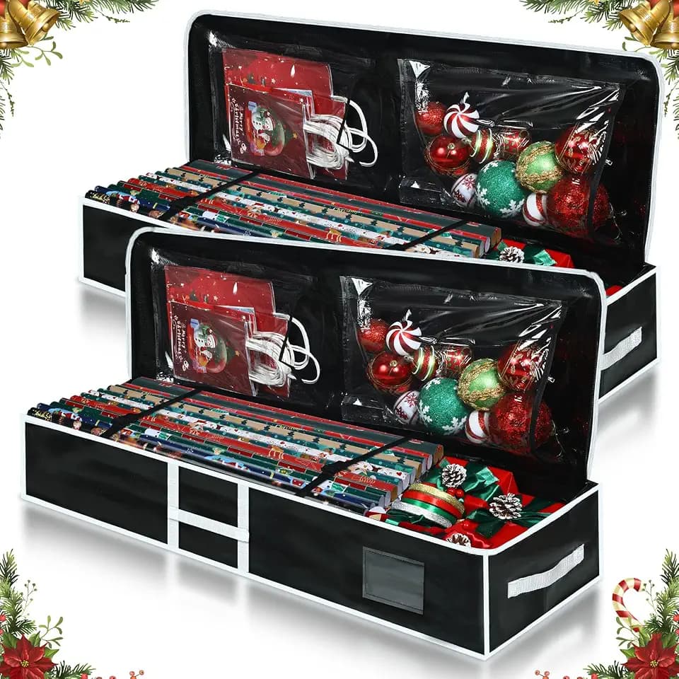 Abbylike 2 Pcs Christmas Underbed Wrapping Paper Organizers, Black