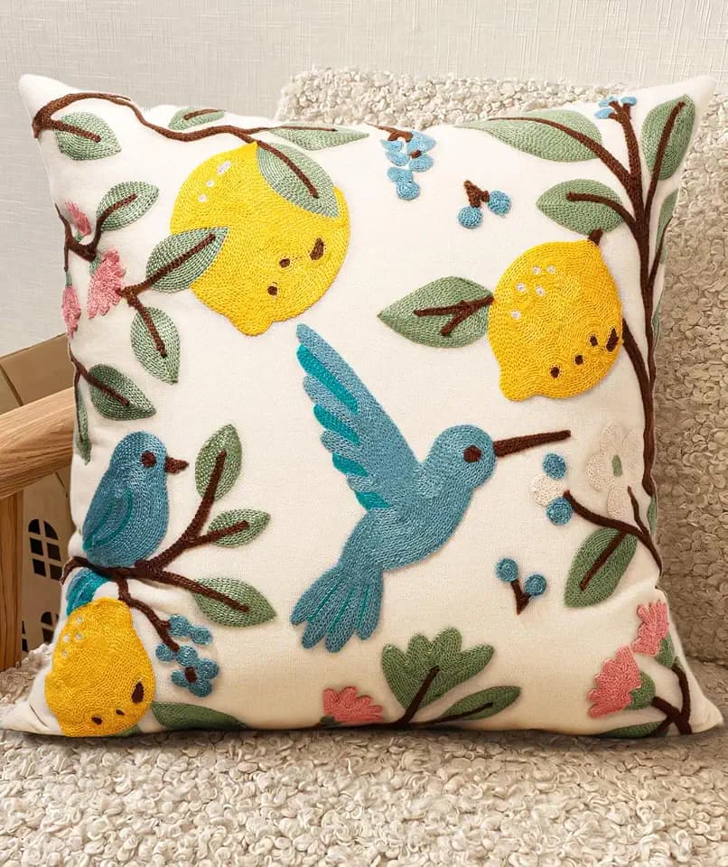 Embroidered Throw Pillow Cover 18x18 Inch, Bird Lemon