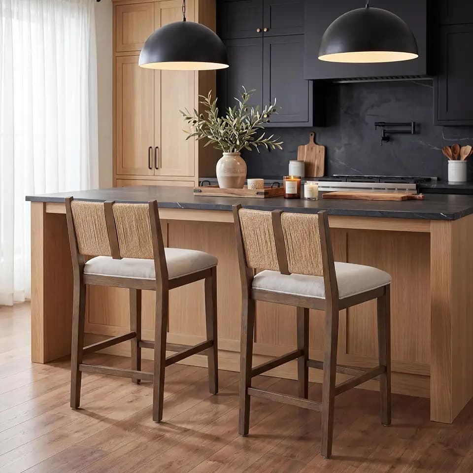 Merax Set of 2 Upholstered Counter Stool, Solid Wood Frame with Woven Back