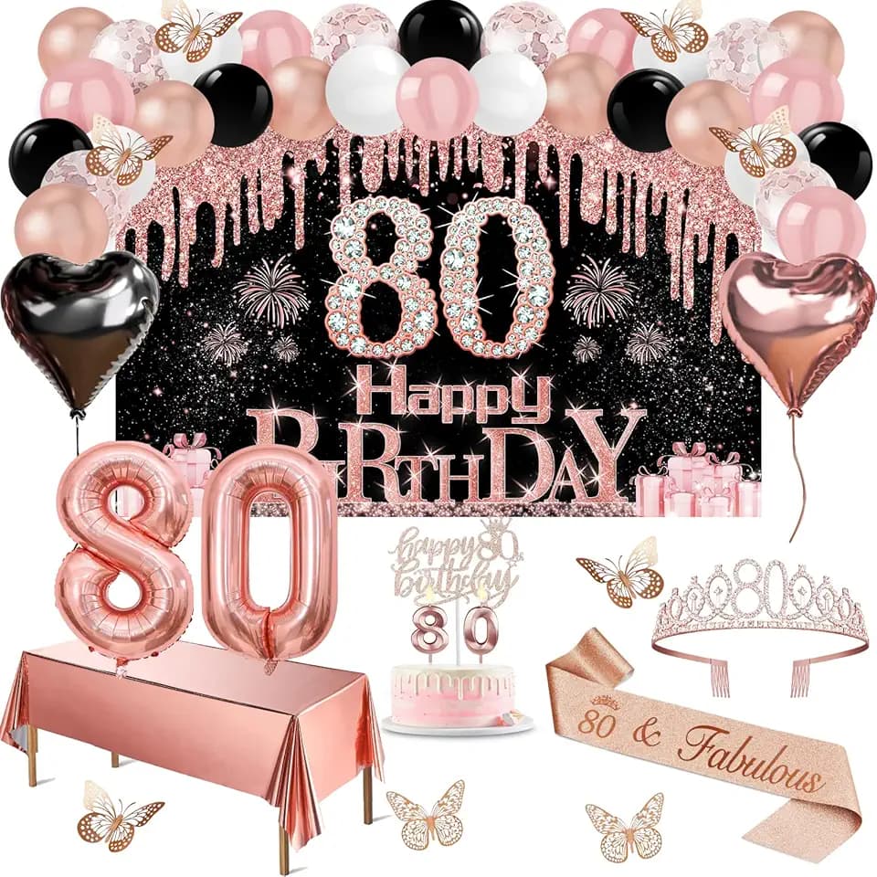 Juesly 80th Birthday Decorations for Women Rose Gold Black 49pcs