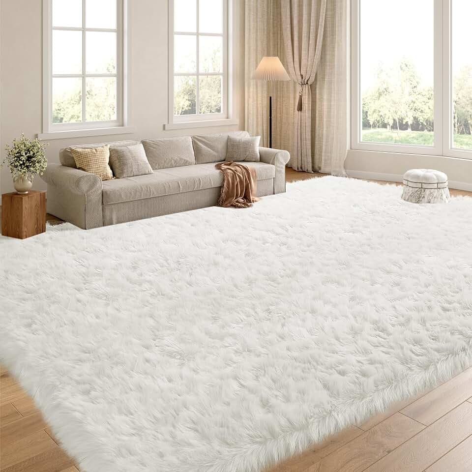 HOMBYS 10x10 Oversized Faux Fur Area Rug for Living Room Bedroom, Super Soft & Fluffy White Faux Sheepskin Play Carpet for Kids Children, Luxury Plush Furry Décor Shaggy Feet Mat for Bedside