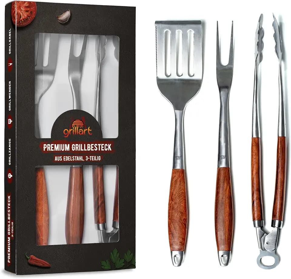 grillart® Premium Grillbesteck Set, 3-teilig aus hochwertigem Edelstahl und edlen Holzgriffen – Grillzange, Grillwender und Grillgabel mit extra langem Griff – das ideale Grillzubehör