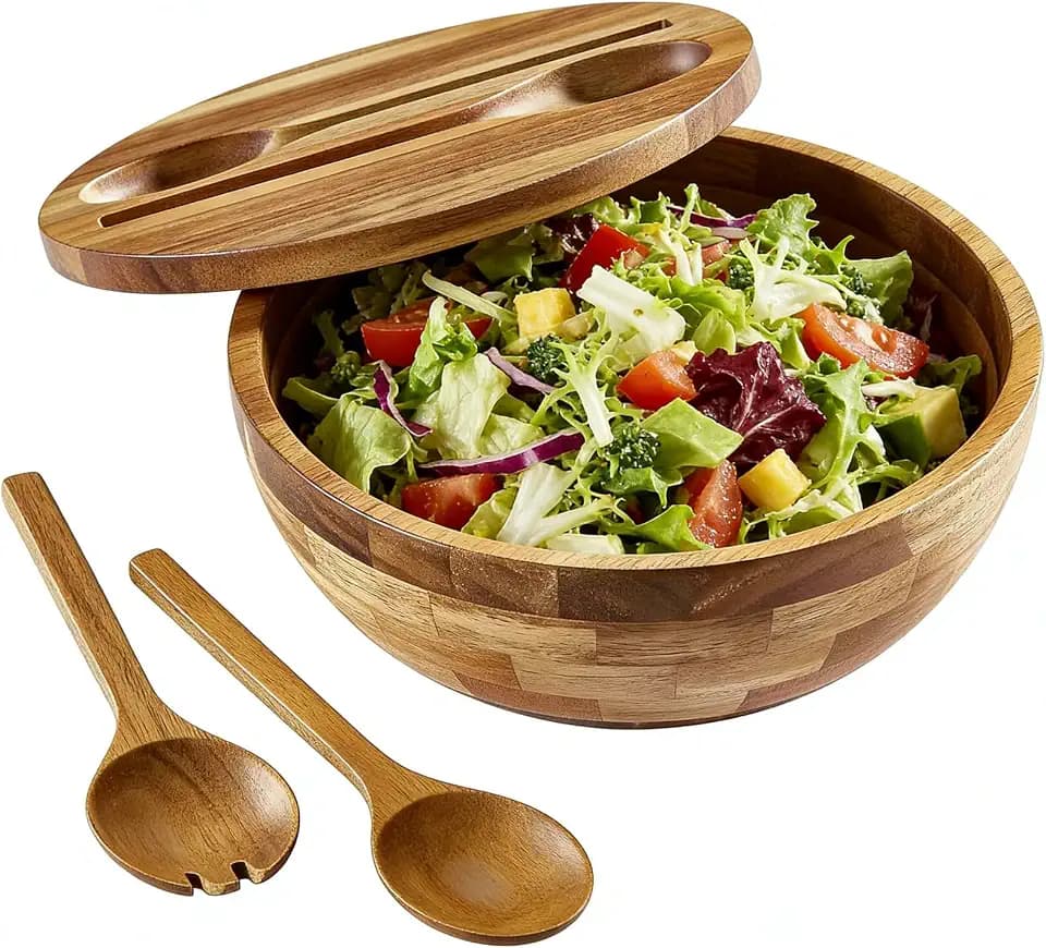 Acacia Wooden Salad Bowl with Lid, Built-in Acacia Wood Utensils, 10.5" Large Wood Serving Bowls for Fruits, Salad, and Vegetables, Big Wood Salad Bowls Set 4-Piece, All-in-One Design