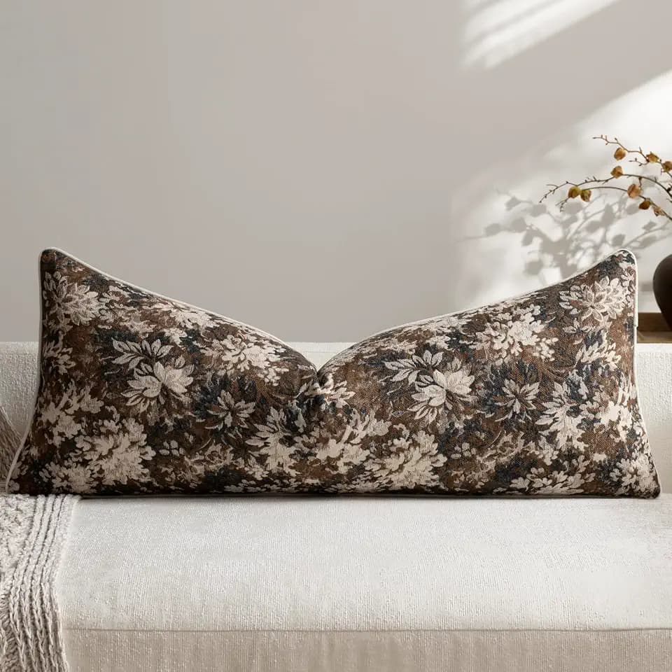 DEZENE Pack of 1 Vintage Floral Lumbar Pillow Covers 14x36 Boho Farmhouse Accents Chenille Rectangular Decorative Throw Pillow Cases for Living Room Couch Bed Home Decor, Dark Brown