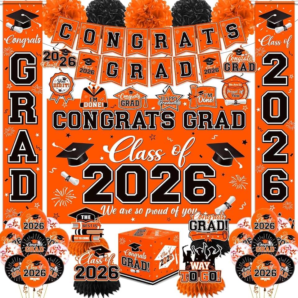 Graduation Decorations 2026 Orange Party Decor Set with Congrats Grad Banner, Class of 2026 Backdrop, Balloons, Box & Streamers Supplies for High School & College Celebrations