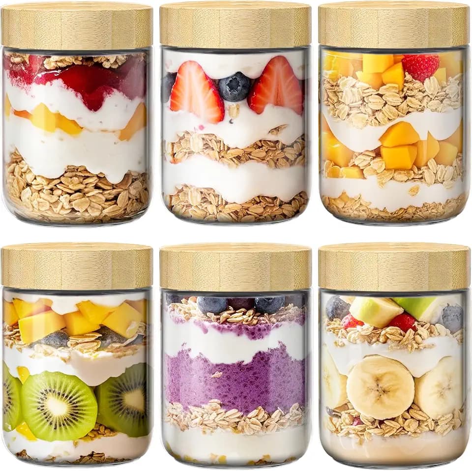 16 oz Overnight Oats Containers with Bamboo Lids, Glass Mason Jars 6 Pack