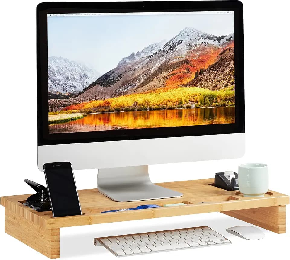 Relaxdays Monitorständer Bambus, Bildschirmerhöhung für Laptop, Bildschirmständer mit Stauraum, HBT 9 x 60 x 30cm, Natur