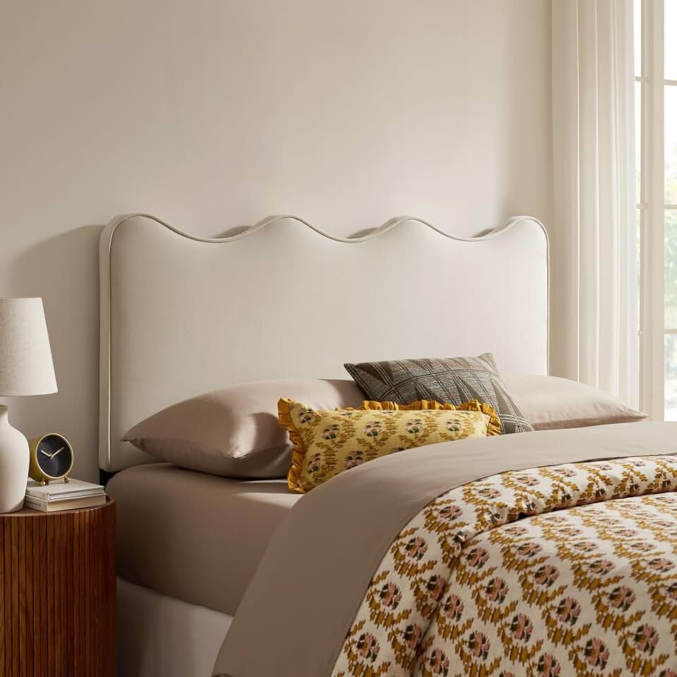 Modway Athena Full Size Performance Velvet Adjustable Headboard in Alabaster - with Scalloped Wave Design and Stain-Resistant Velvet Upholstery