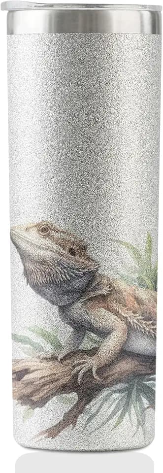 Onebttl Bearded Dragon Gifts, Silver Glitter 20 oz Skinny Tumbler
