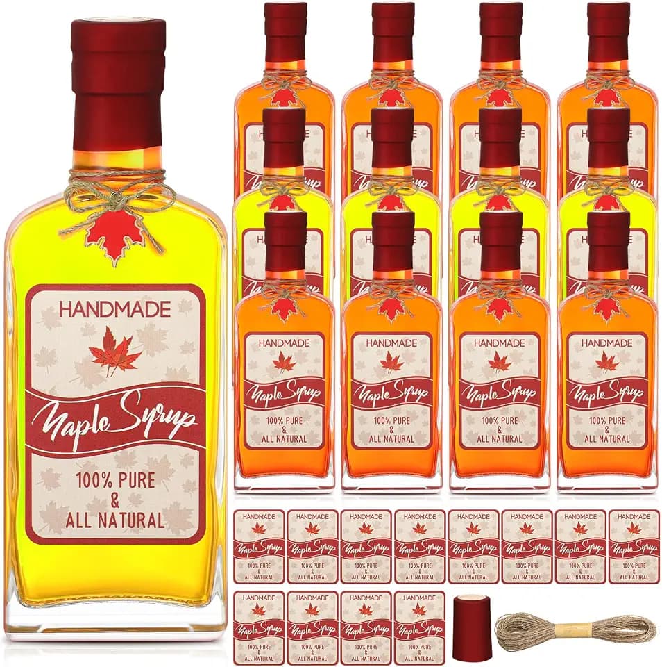 12 Pcs Glass Maple Syrup Bottles Bulk 8 oz Clear Glass Bottle with Cork Lids Reusable Syrup Jars Containers Maple Syrup Sticker for DIY Juice Milk Sauce Storage Gifts(Red,Red Maple Leaves)