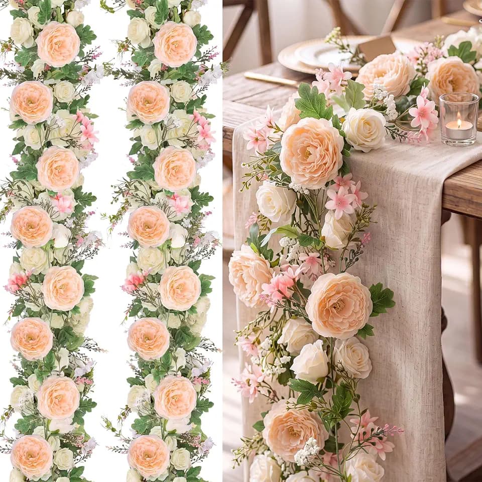 Riceshoot 4 Pcs 6ft Flower Garland with Peony & Rose, Champagne