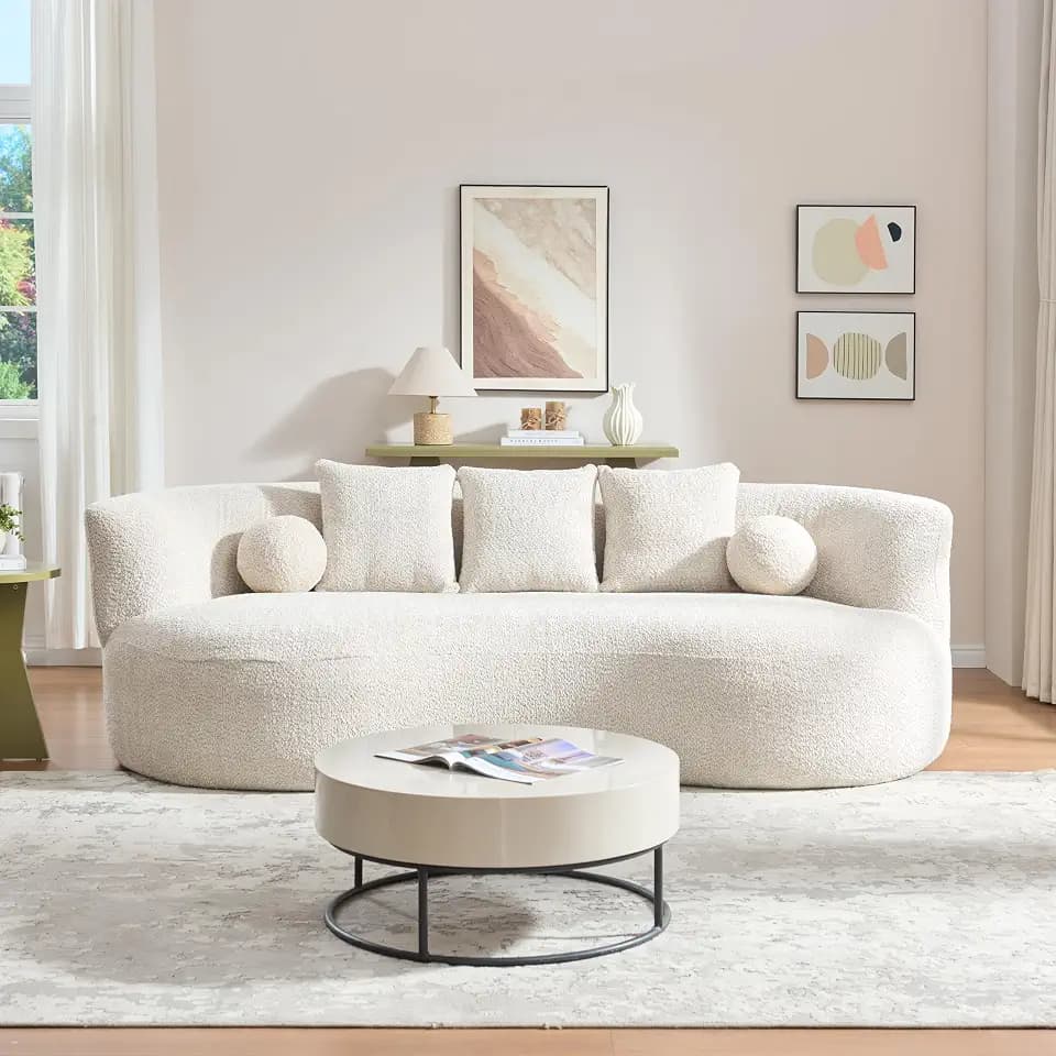 Christopher Knight Home Nomad Curved Sofa, 90" Boucle Upholstered 3 Seater Couch with Decor Cushions, Modern Cloud Couch with Deep Seat, Fabric Upholstered Seating Set for Living Room Bedroom, Beige