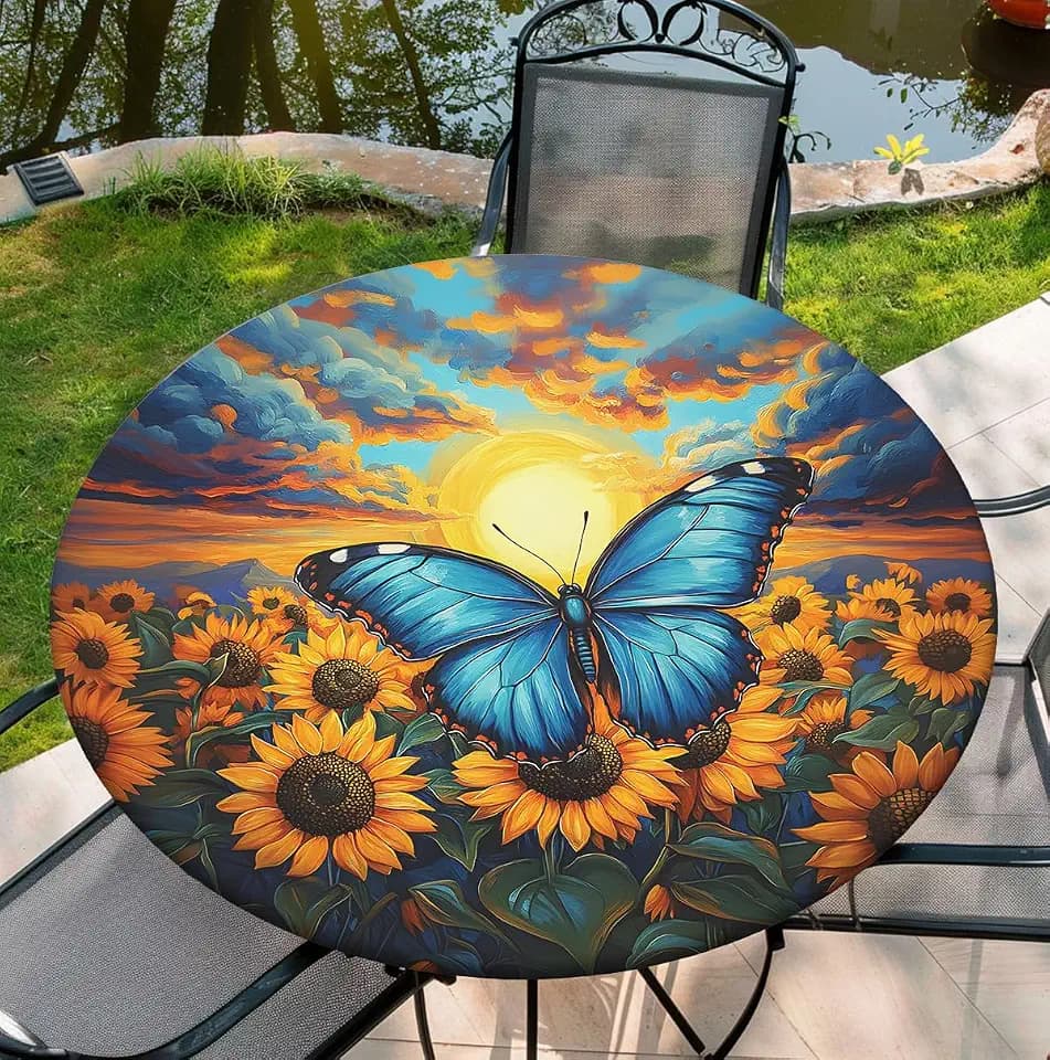 Round Table Cover for Round Tables 36"-70", Fitted Tablecloth with Elastic for Indoor Outdoor Party Holiday, 44Inch Tablecover, Butterfly