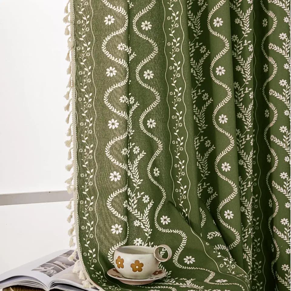Olive Green Floral Curtains 105 Inch Long for Living Room, Bedroom, 2 Panels Boho Farmhouse Vintage Tassel Semi Sheer Privacy Window Curtains Drapes with Rod Pocket
