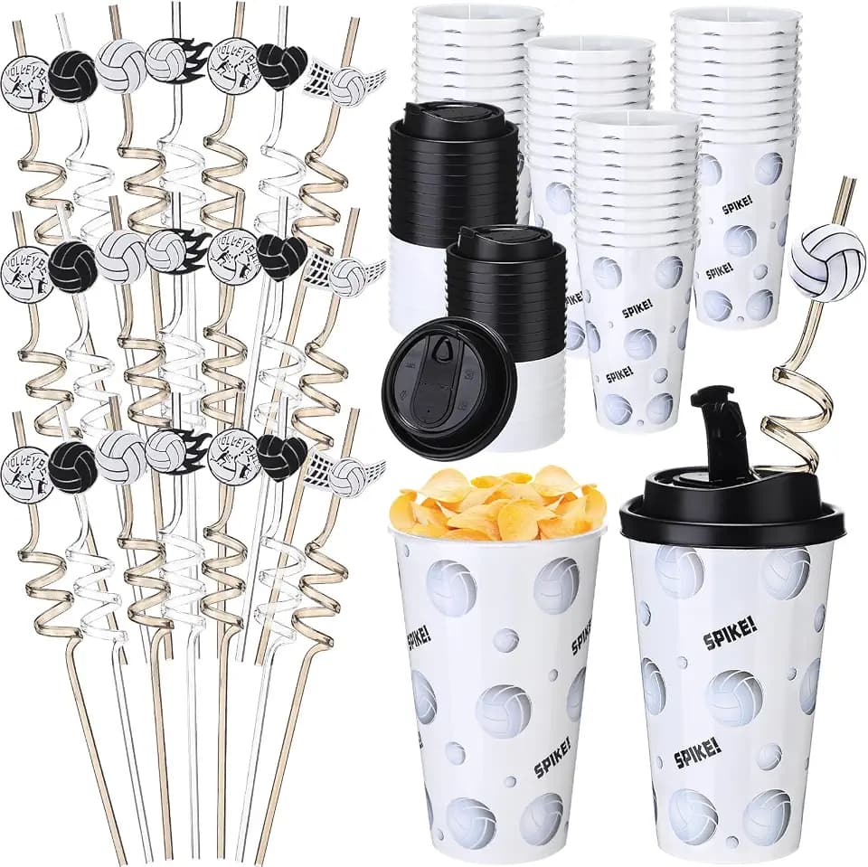 Remerry 36 Set Volleyball Party Favors Goodie Cups with Lids and Spiral Straws 16 oz Reusable Sports Plastic Tumblers Candy Cups for End of Season Team Gifts Birthday Party Supplies