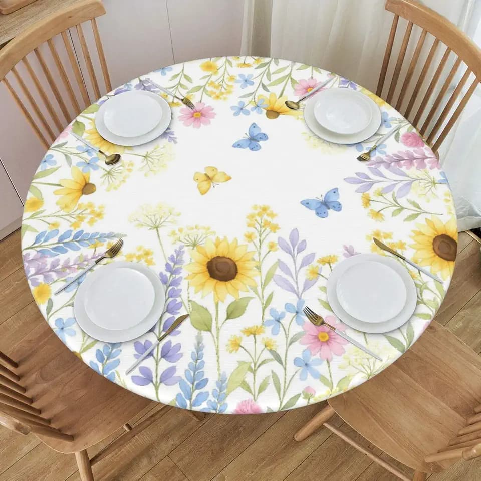 KiuLoam Spring Watercolor Blue Yellow Pink Floral Round Tablecloth Farmhouse Table Cover with Elastic Edge Washable Fitted Table Cloth for Kitchen Patry Outdoor Decor Fits 45"-50", Medium