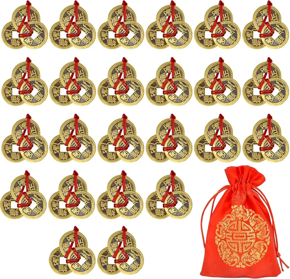 fengshuisale 24 PCS Ancient Chinese Fortune Brass Coins Fengshui I-Ching Coins with Red String Traditional Pendant Decoration for Wealth and Success +Red Blessing Bag