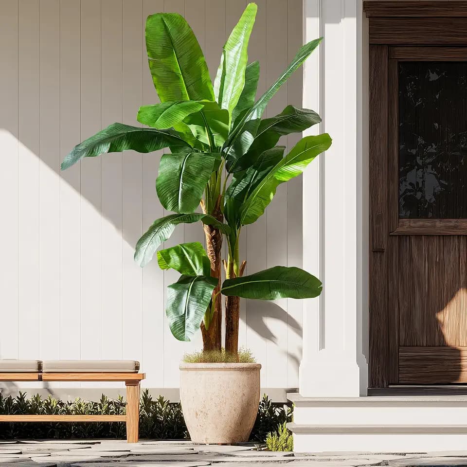 Artificial Banana Tree 6ft, Faux Tropical Palm Tree Plant with Realistic Leaves, Low Maintenance Indoor Outdoor Decor for Home Office Porch, in Nursery Pot
