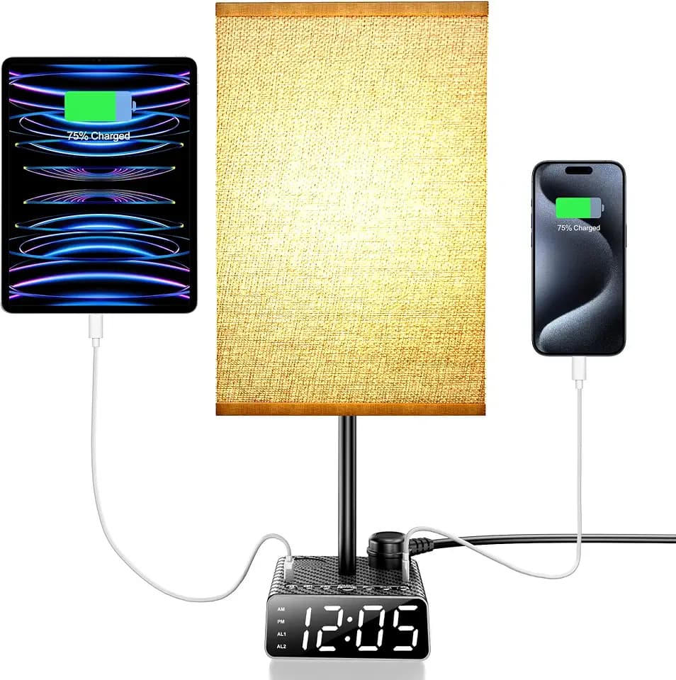 Touch Control Nightstand Light,Bedside Lamp with Alarm Clock&Charging Station - 2 Alarm Clock+ 2AC + 1USB-A + 1USB-C,Lamps with USB Ports and Outlets,3-Level Dimmable Touch Lamp