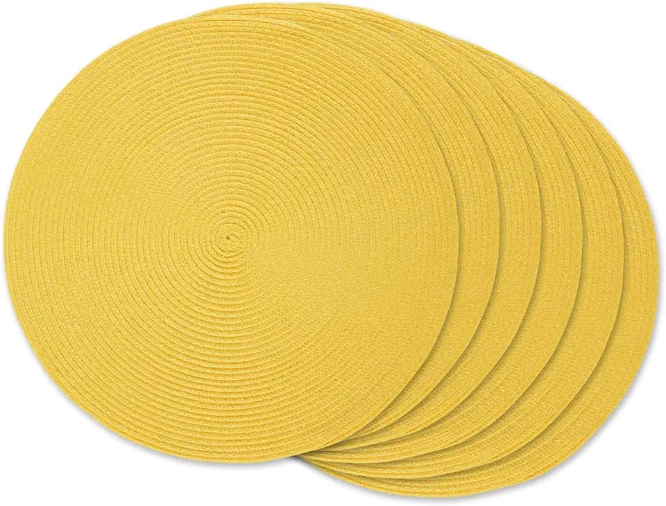 DII Classic Woven Tabletop Collection, Indoor/Outdoor Placemat Set, Round, 15" Diameter, Yellow, 6 Piece