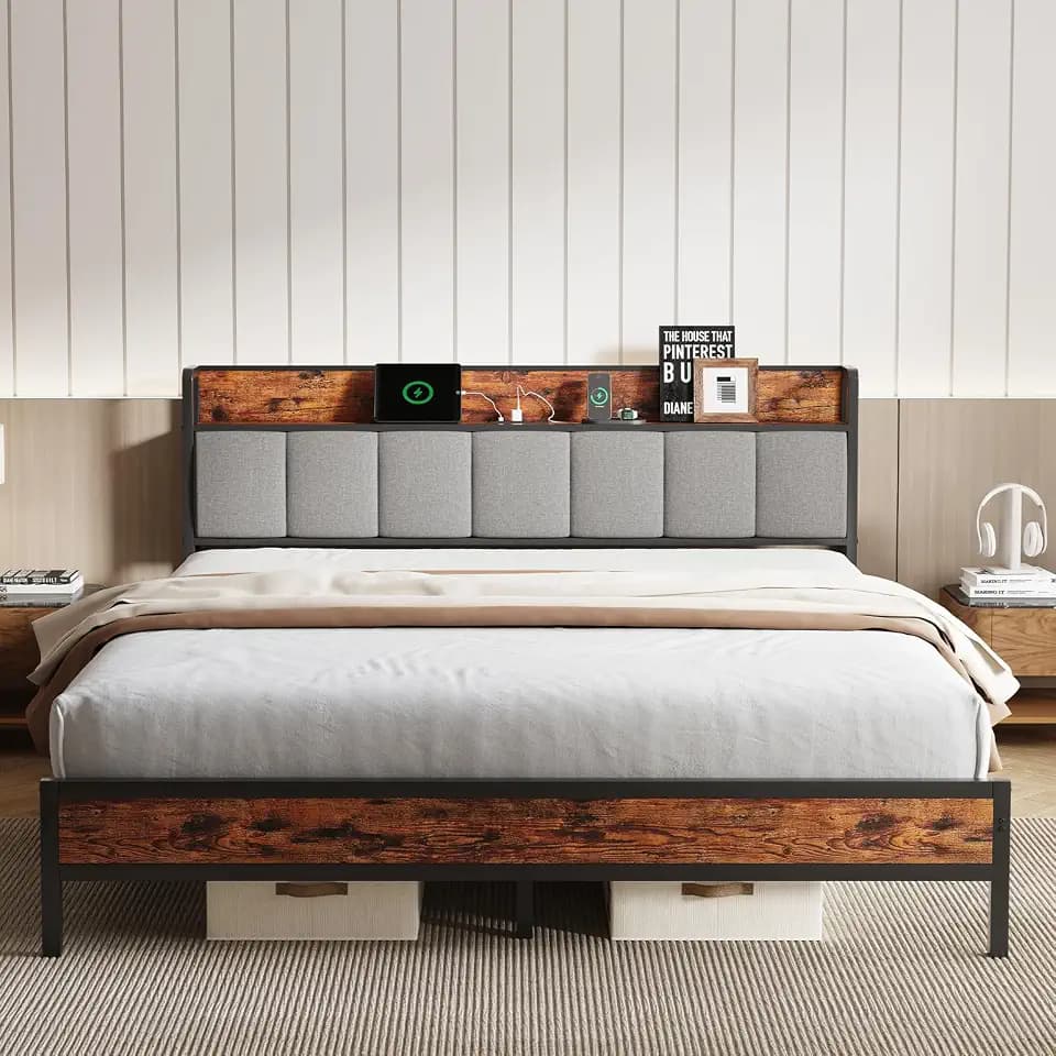 Novilla King Size Bed Frame with Charging Station USB/Type-C & Storage Headboard, Modern Metal Platform Bed Frame, Easy Assembly, Heavy Duty Slats Support, Noise Free, No Box Spring Needed
