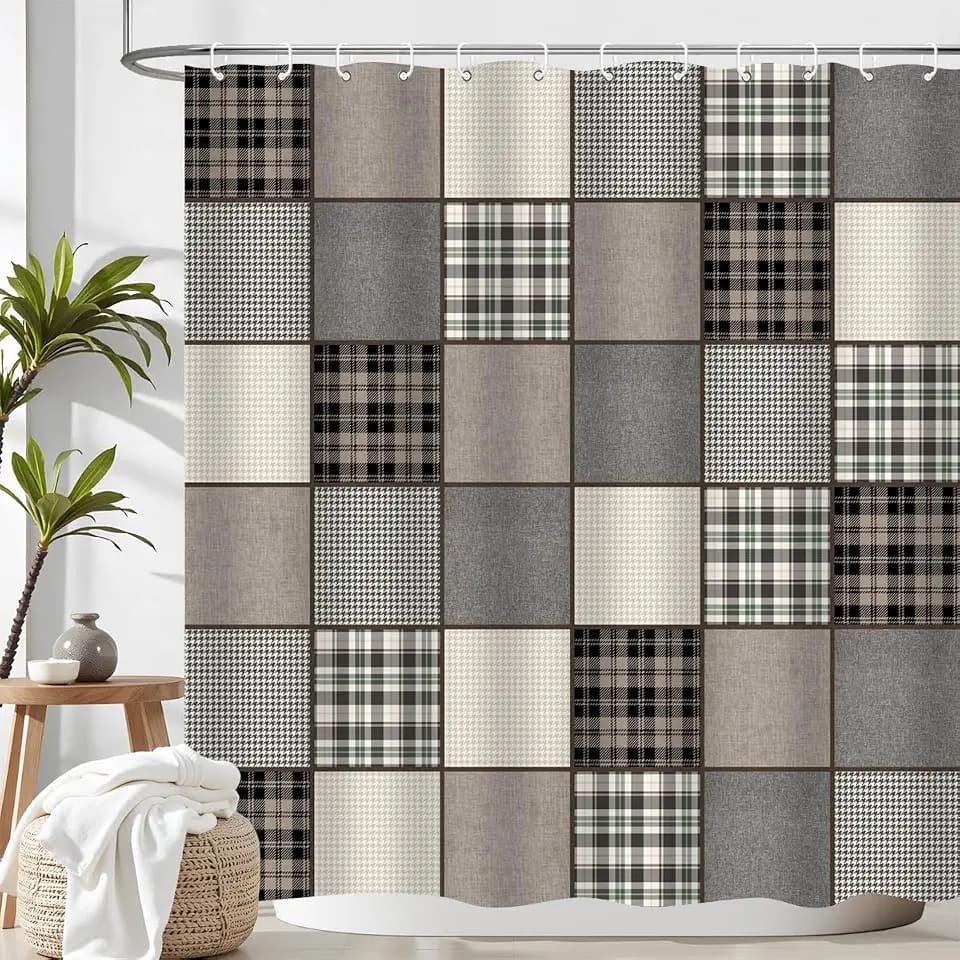 Checkered Shower Curtain Plaid Lodge Cabin Square Rustic Home Bathroom Decor Waterproof Fabric 72Lx72W Inch with Plastic 12PCS Hooks