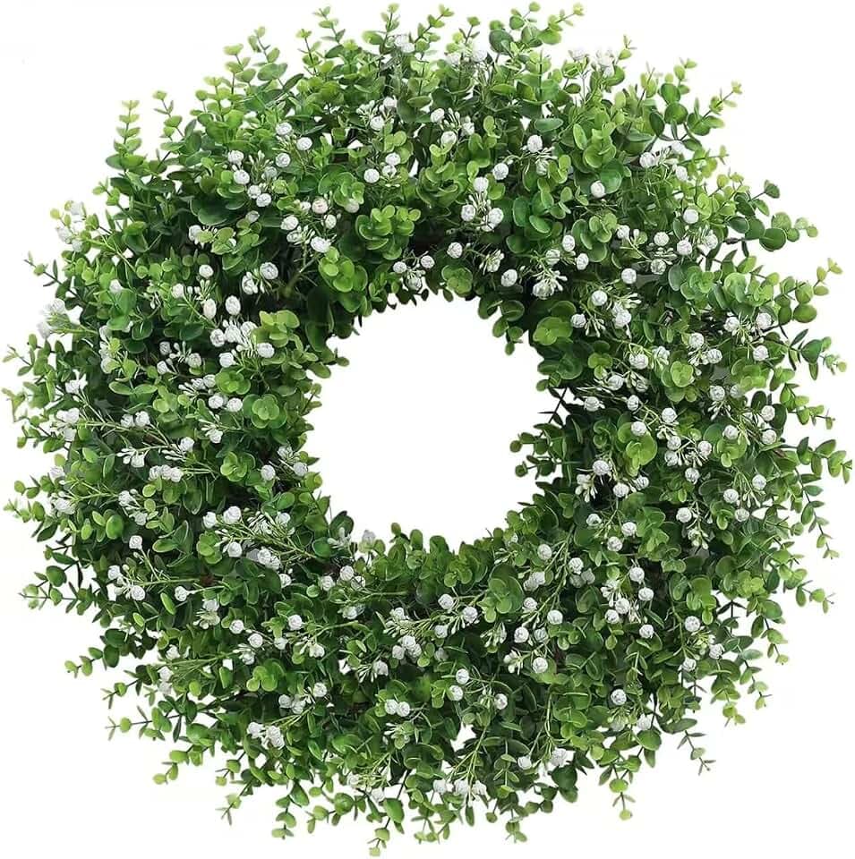 Artificial Boxwood Wreath for Front Door, Farmhouse Year Round Greenery Wreath, Indoor Outdoor with Hanging Tag and Scarf DIY Decor, All Seasons Holiday Decoration (24Inch)