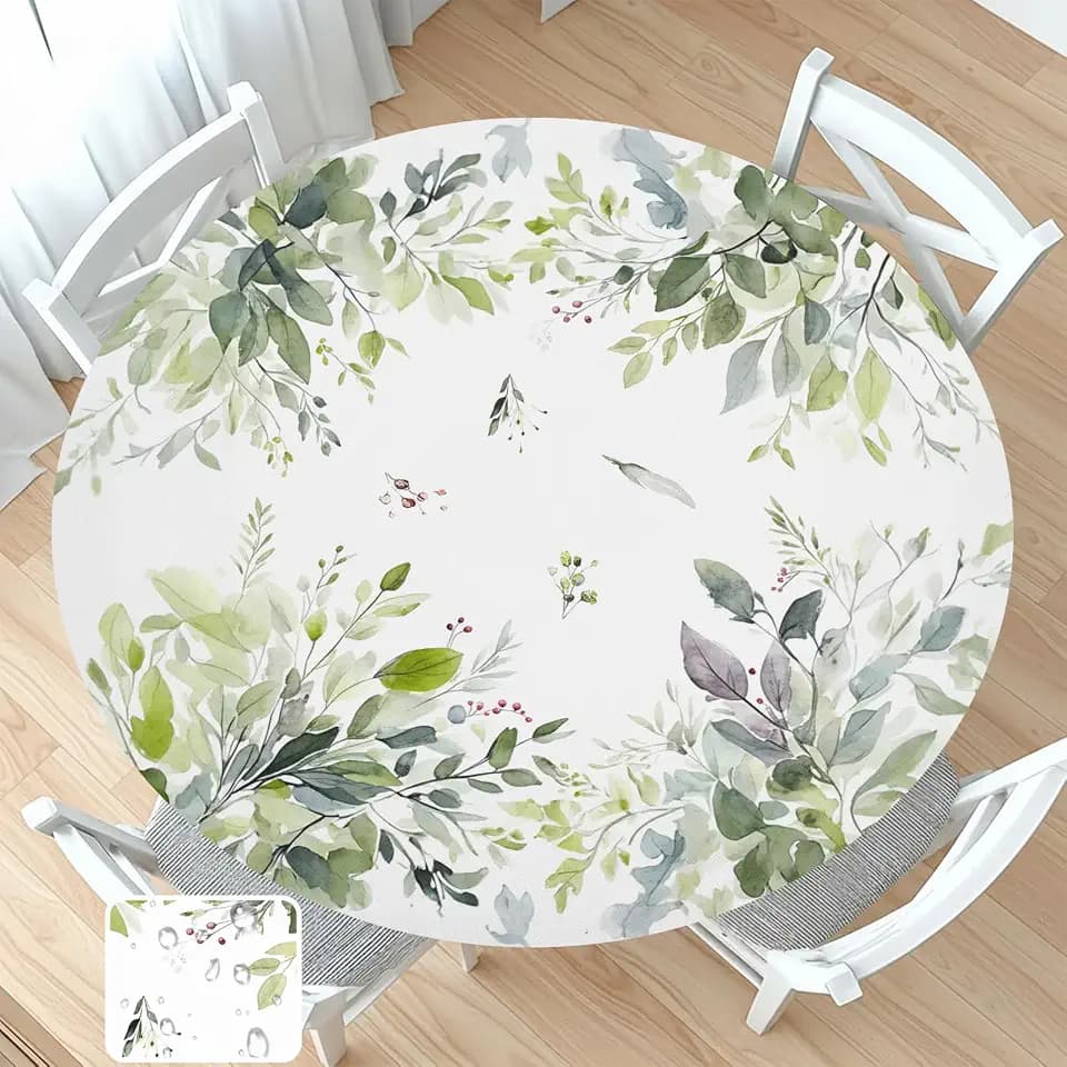 Spring Summer Round Fitted Tablecloth with Elastic Sage Green Leaf Floral Circle Table Cloth for 40-44" Round Tables Wipeable Waterproof Eucalyptus Leaves Table Cover for Outdoor Picnic Dining Decor