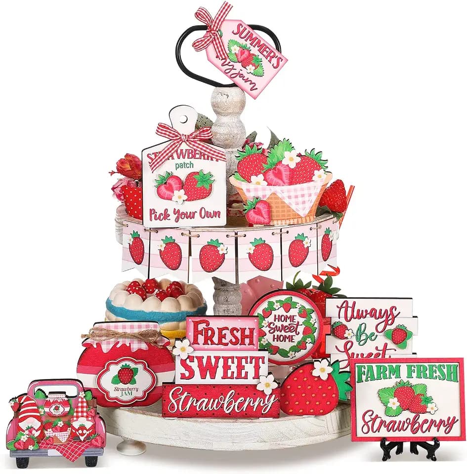 Kajaia 15 Pcs Summer Tiered Tray Decor Strawberry Wooden Sign Set