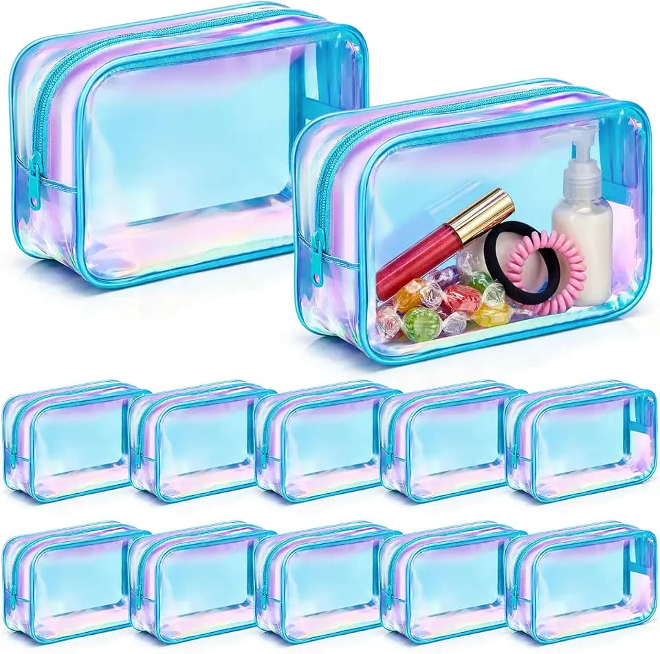Aliceset 12 Pcs Clear Iridescent Makeup Bag Bulk Reinforced Edging, Blue