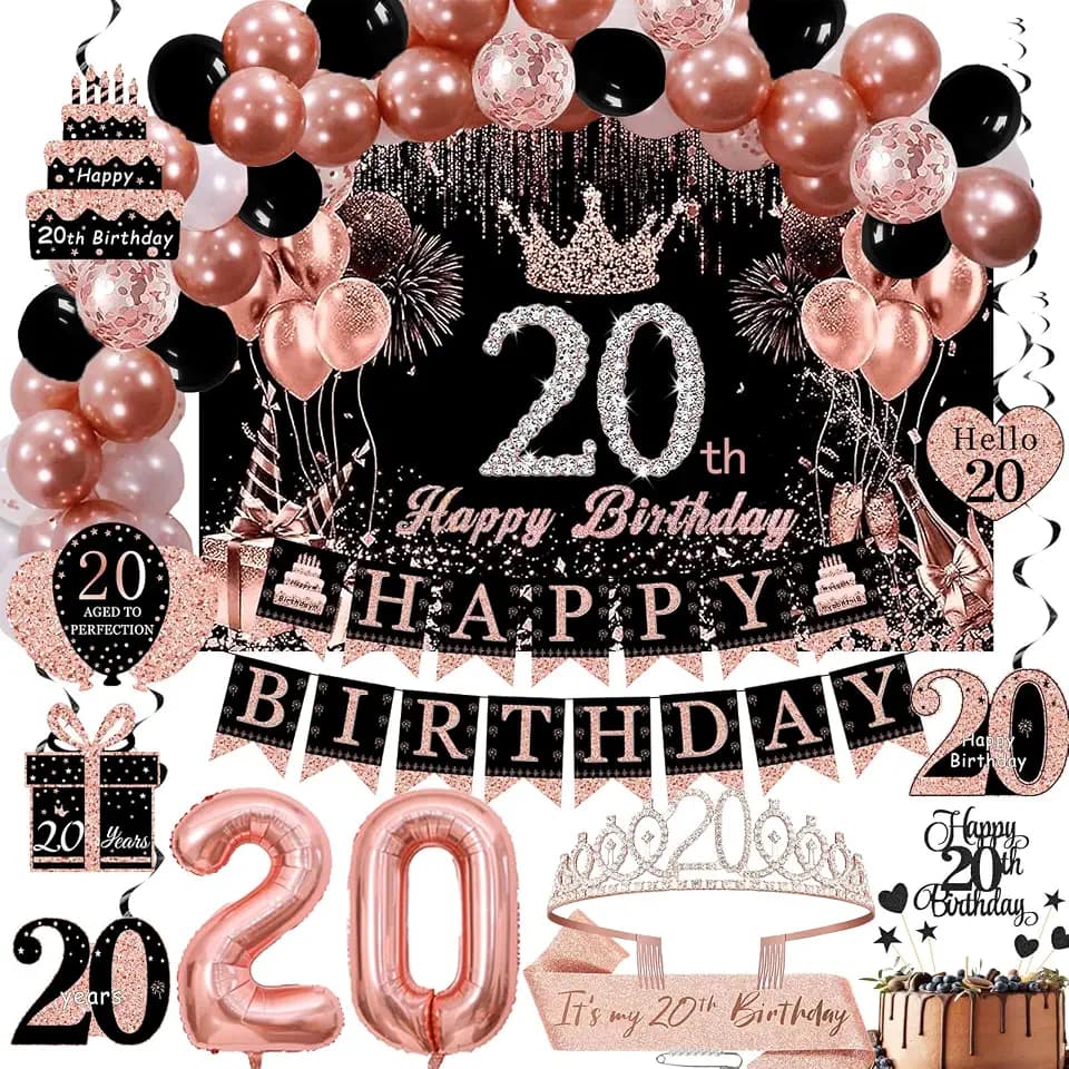 Rose Gold 20th Birthday Decorations for Girls Women - Backdrop, Sparkle Crown Sash, Happy 20th Birthday Banner, Cake Topper, 20 Number Balloons & Hanging Swirl Decorations - 70pcs