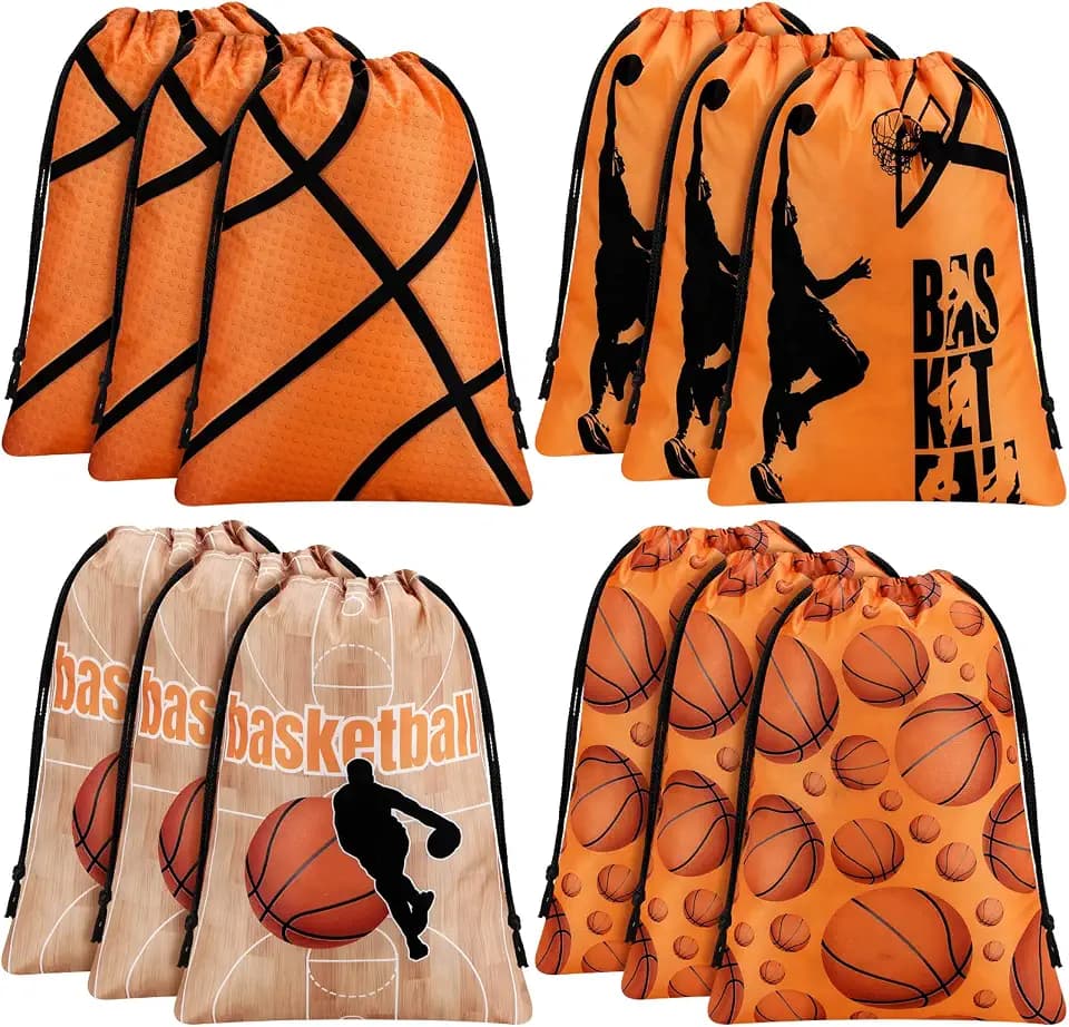 Shappy 12 Pcs Basketball Party Favor Gift Bags Sports Drawstring String Bag Candy Treat Snack Goodie Bags for Team Birthday Sports Storage Valentines Day Supplies