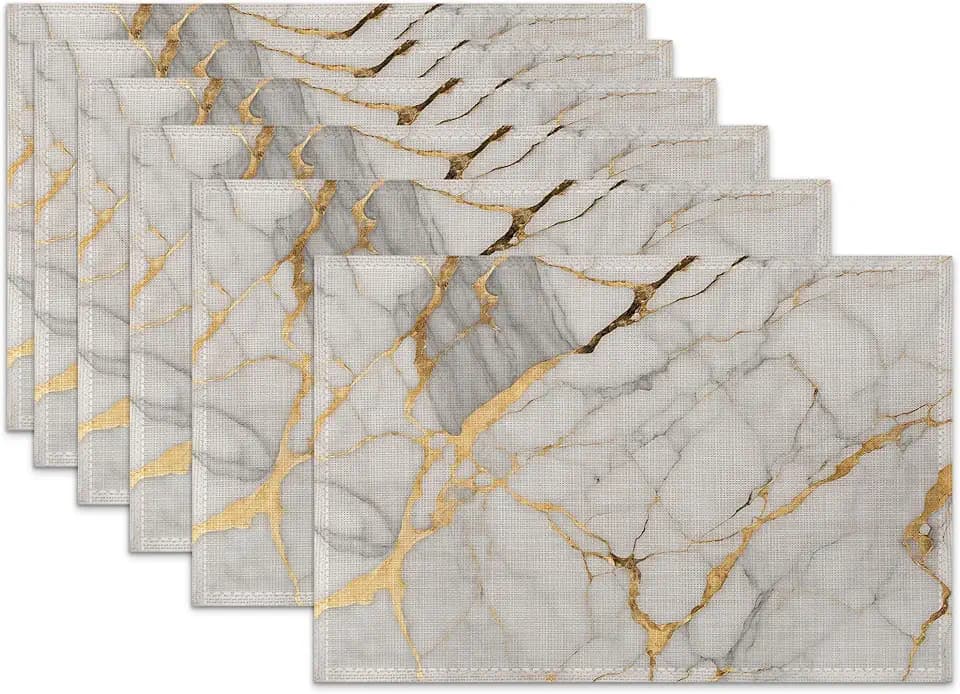 Placemats Set of 6,White Gold Marble Linen Table Mats Abstract Heat Resistant Place Mats Washable Dining Table Mats for Indoor Outdoor Kitchen Decor Easy Clean 12 x 18 Inch