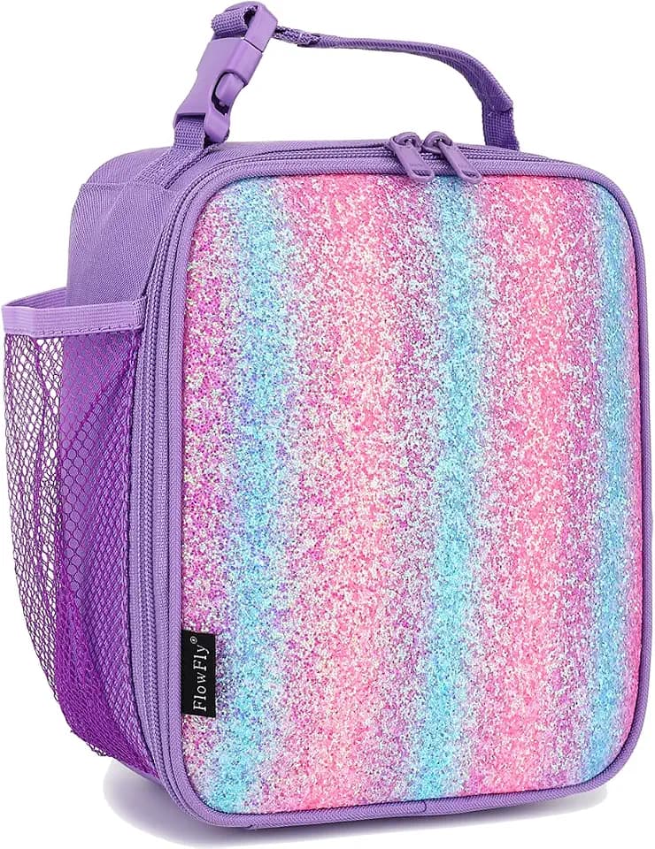 FlowFly Lunch box Insulated Soft Bag Mini Cooler Back to School Thermal Meal Tote Kit for Girls, Boys,Purple#Glitter
