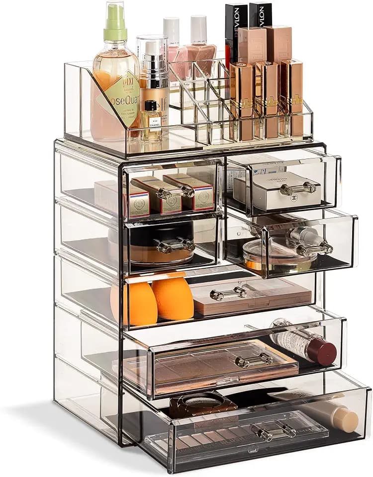 Sorbus Makeup Organizer, 7-Drawer Acrylic 2-Piece Set (Black Jewel)