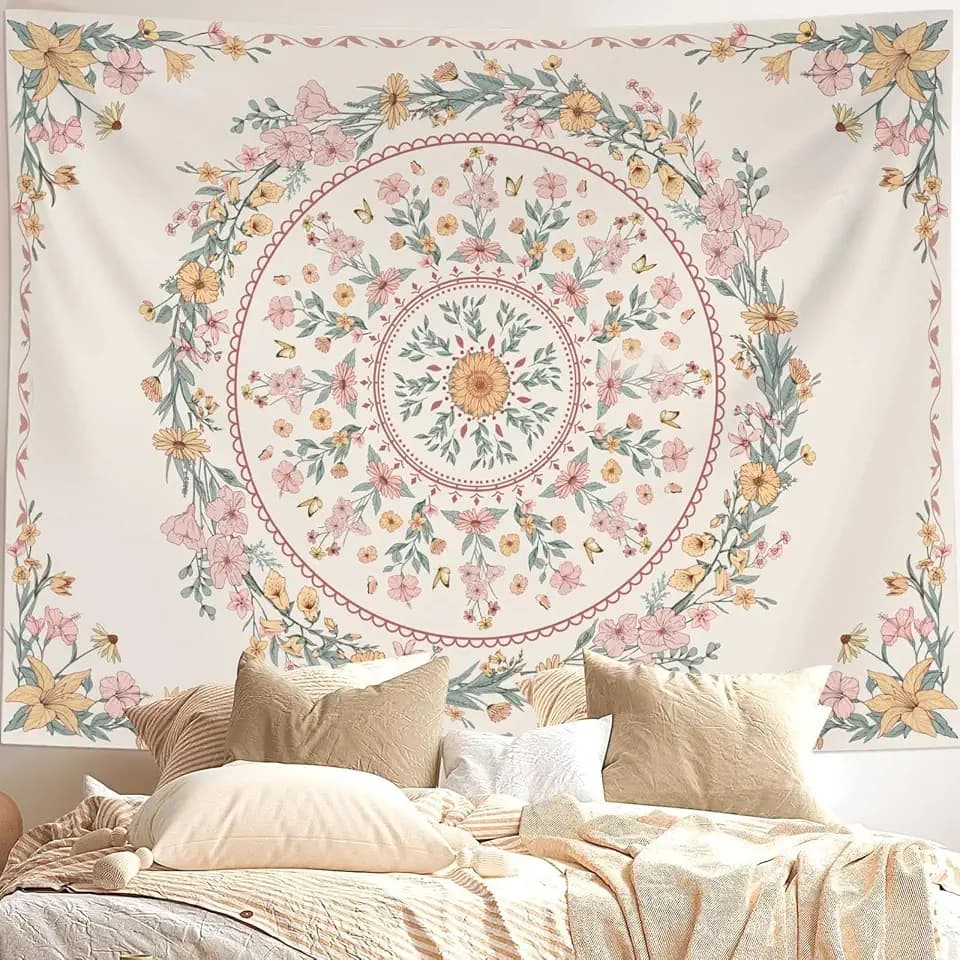 Neasow Bohemian Tapestry Wall Hanging, Beige Pink Floral Tapestry with Wild Flower Medallion Print Bedroom Boho Home Decor, White Wreath 60×80 inch