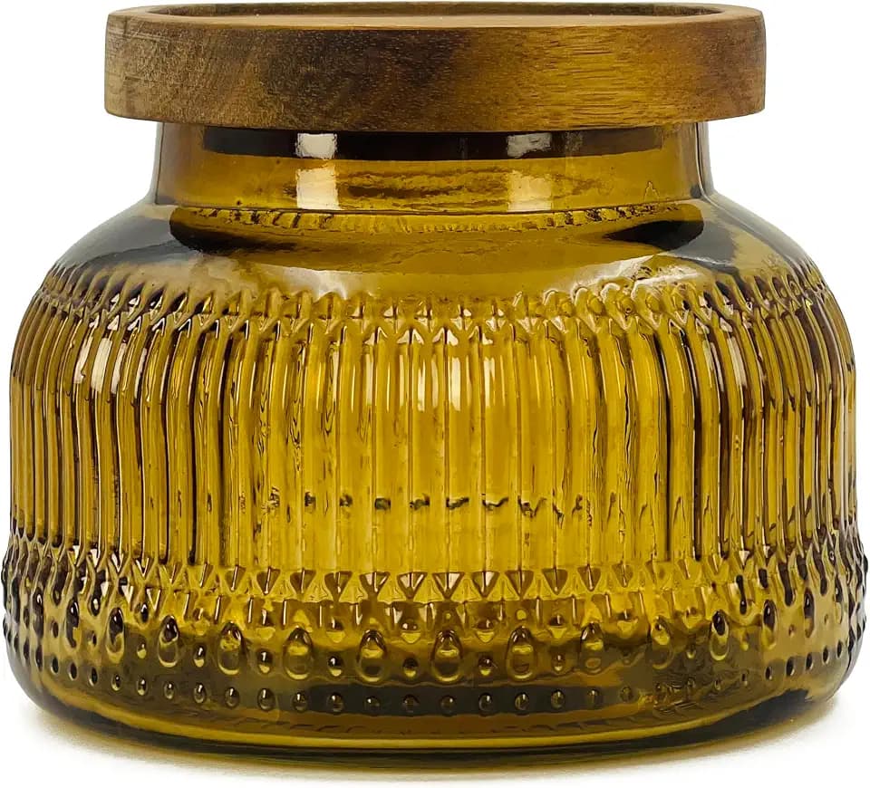 Decorative Amber Ribbed Glass Jar with Airtight Wooden Lid, 40 fl. oz